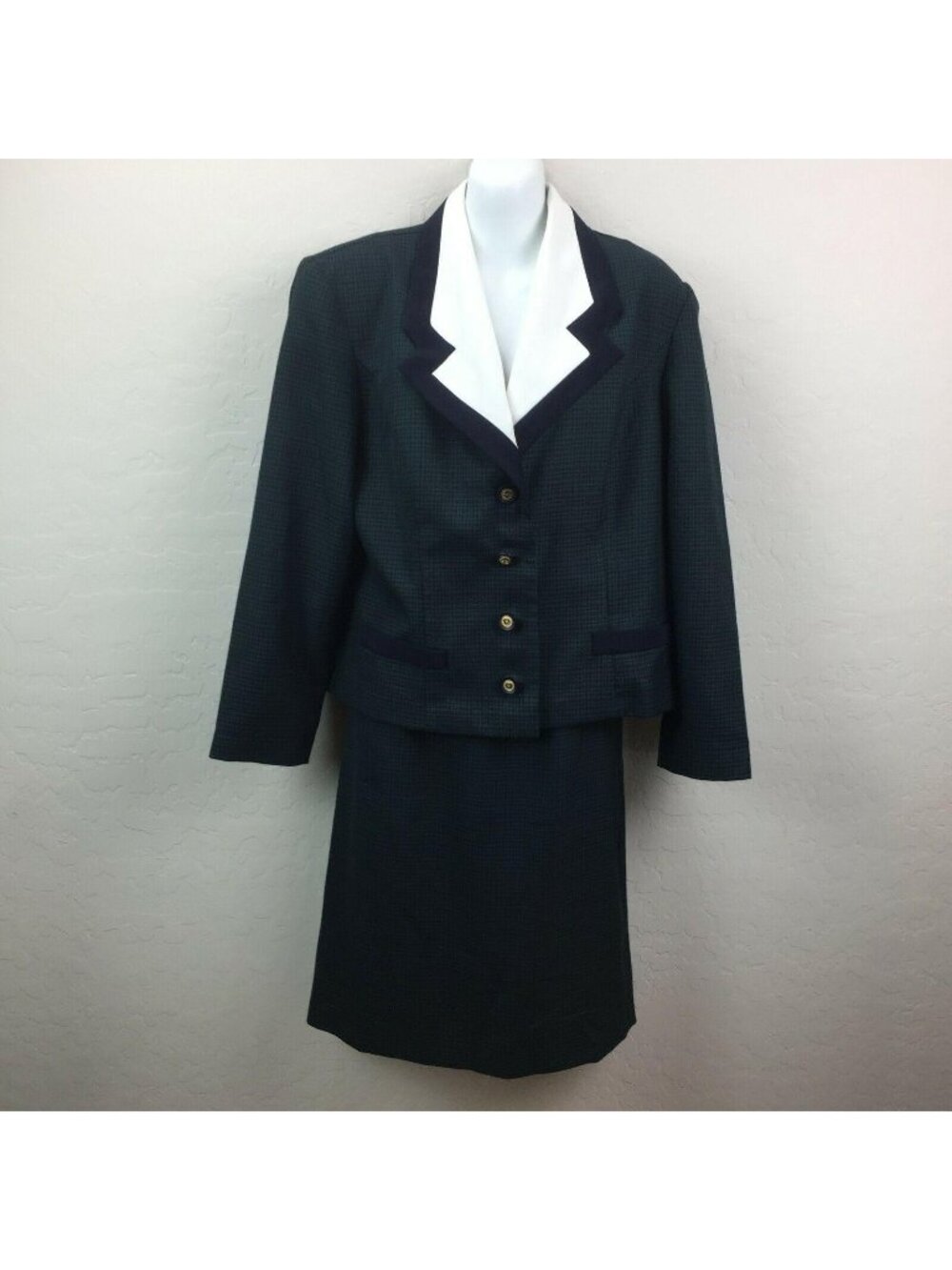 Perceptions Women's  Blue Green Hounds Tooth Skirt Suit Jacket Coat Set 10 12